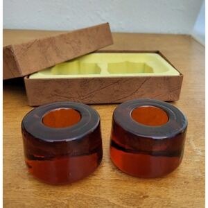 Vintage MCM Candles by Lenox Blenko Style Amber Glass Candle Holders w/ Box